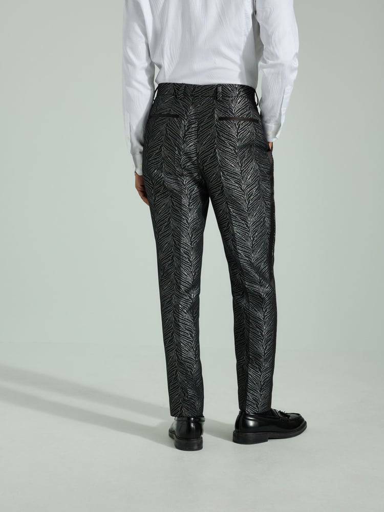 Black Slim Fit Textured Print Tuxedo Suit Trousers - Image 2 of 10