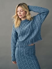 Blue Indigo Cable Knitted Fringe Crew Neck Jumper - Image 1 of 8