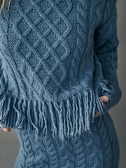 Blue Indigo Cable Knitted Fringe Crew Neck Jumper - Image 5 of 8