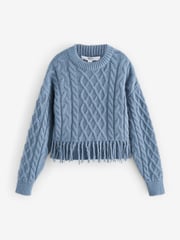 Blue Indigo Cable Knitted Fringe Crew Neck Jumper - Image 6 of 8