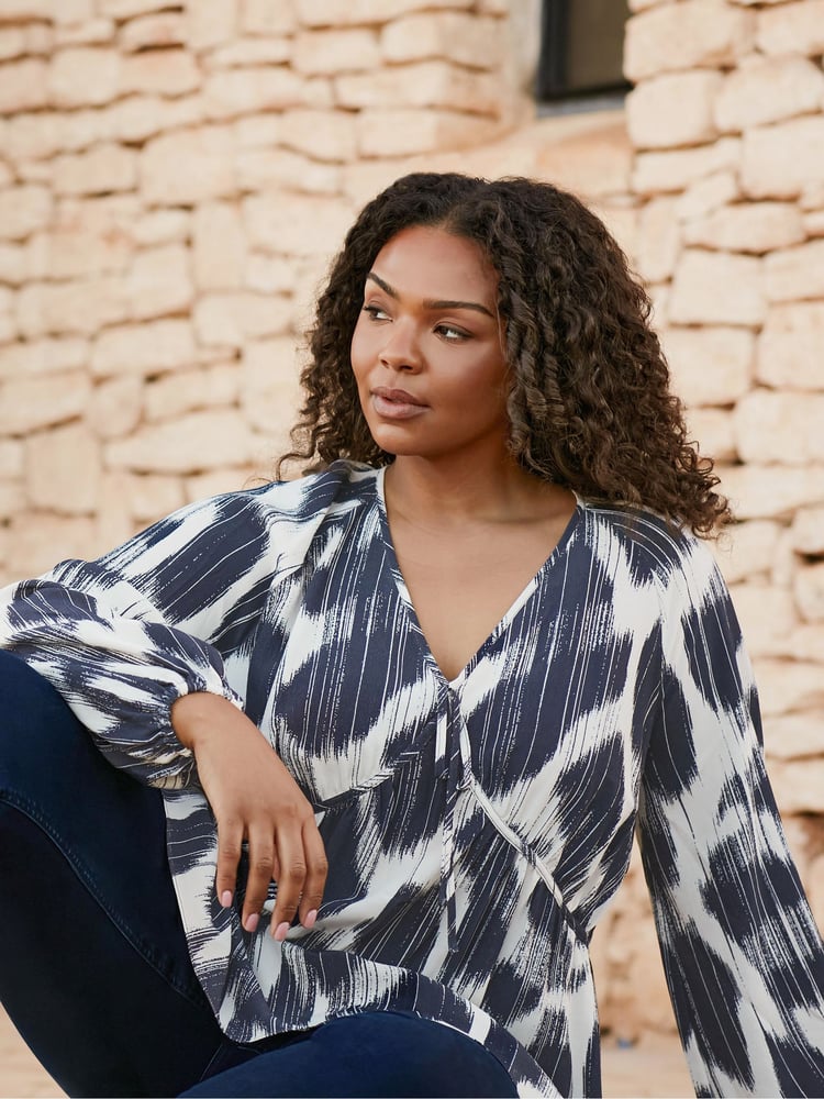 Live Unlimited Blue Curve Geo Print Tie Neck Blouse - Image 1 of 8