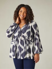Live Unlimited Blue Curve Geo Print Tie Neck Blouse - Image 2 of 8