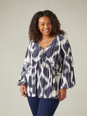 Live Unlimited Blue Curve Geo Print Tie Neck Blouse - Image 3 of 8
