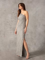 Ro&Zo Grey One Shoulder Beaded Dress - Image 2 of 9