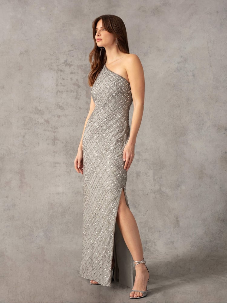 Ro&Zo Grey One Shoulder Beaded Dress - Image 2 of 9