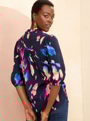 Love & Roses Navy Blue Ruffle V Neck 3/4 Sleeve Button Through Blouse - Image 3 of 4