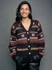Black Christmas Patterned Button Up Knitted Cardigan - Image 1 of 6