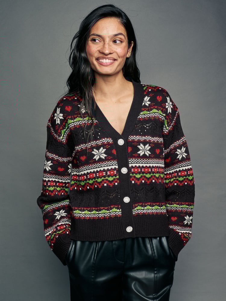 Black Christmas Patterned Button Up Knitted Cardigan - Image 1 of 6