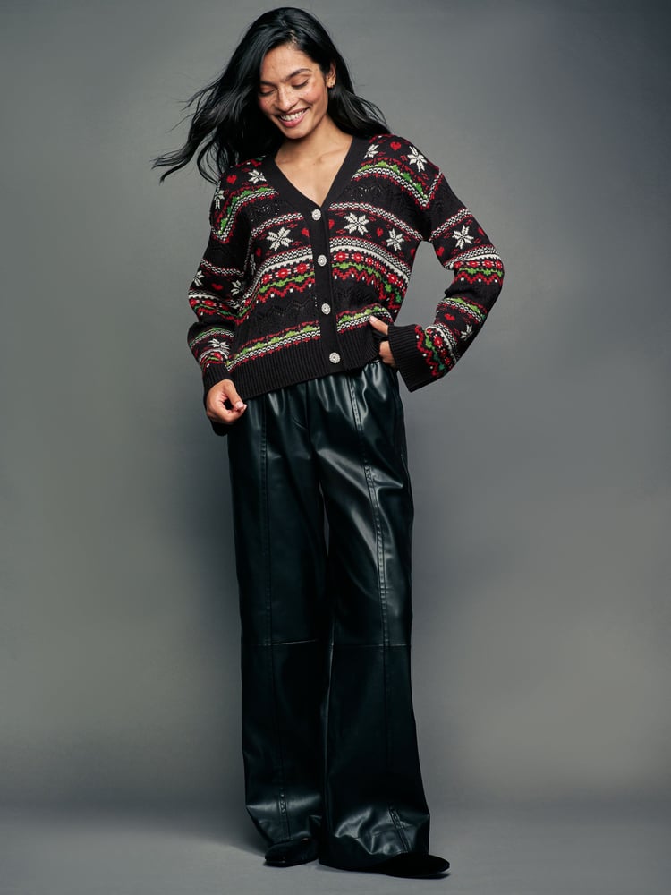 Black Christmas Patterned Button Up Knitted Cardigan - Image 2 of 6