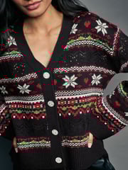 Black Christmas Patterned Button Up Knitted Cardigan - Image 4 of 6