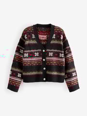 Black Christmas Patterned Button Up Knitted Cardigan - Image 5 of 6
