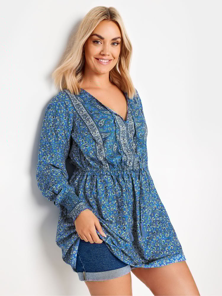 Yours Curve Blue Tiered Blouse - Image 1 of 5