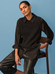 Black Sleeveless Satin Shirt Layer Knitted Vest Jumper - Image 1 of 8