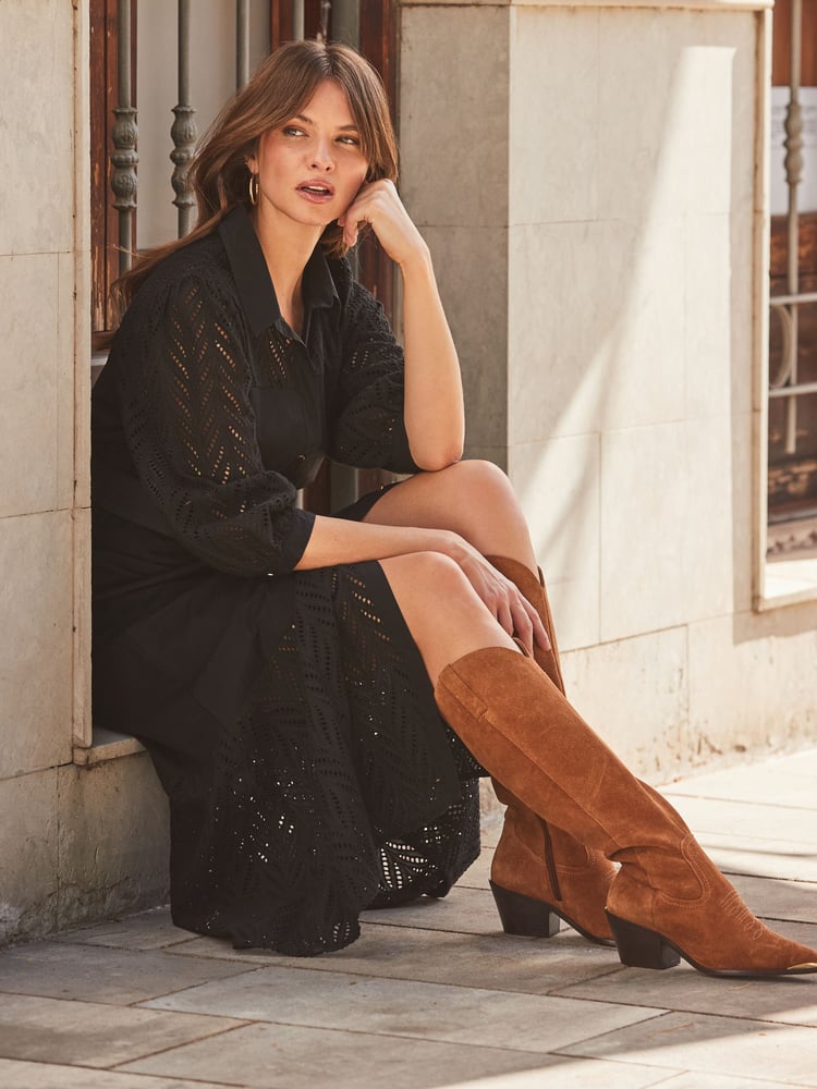 Sosandar Black 100% Cotton Broderie Detail Midi Shirt Dress - Image 2 of 5