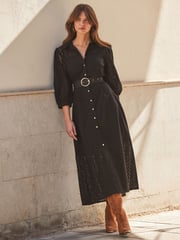 Sosandar Black 100% Cotton Broderie Detail Midi Shirt Dress - Image 3 of 5