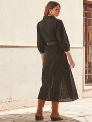 Sosandar Black 100% Cotton Broderie Detail Midi Shirt Dress - Image 4 of 5
