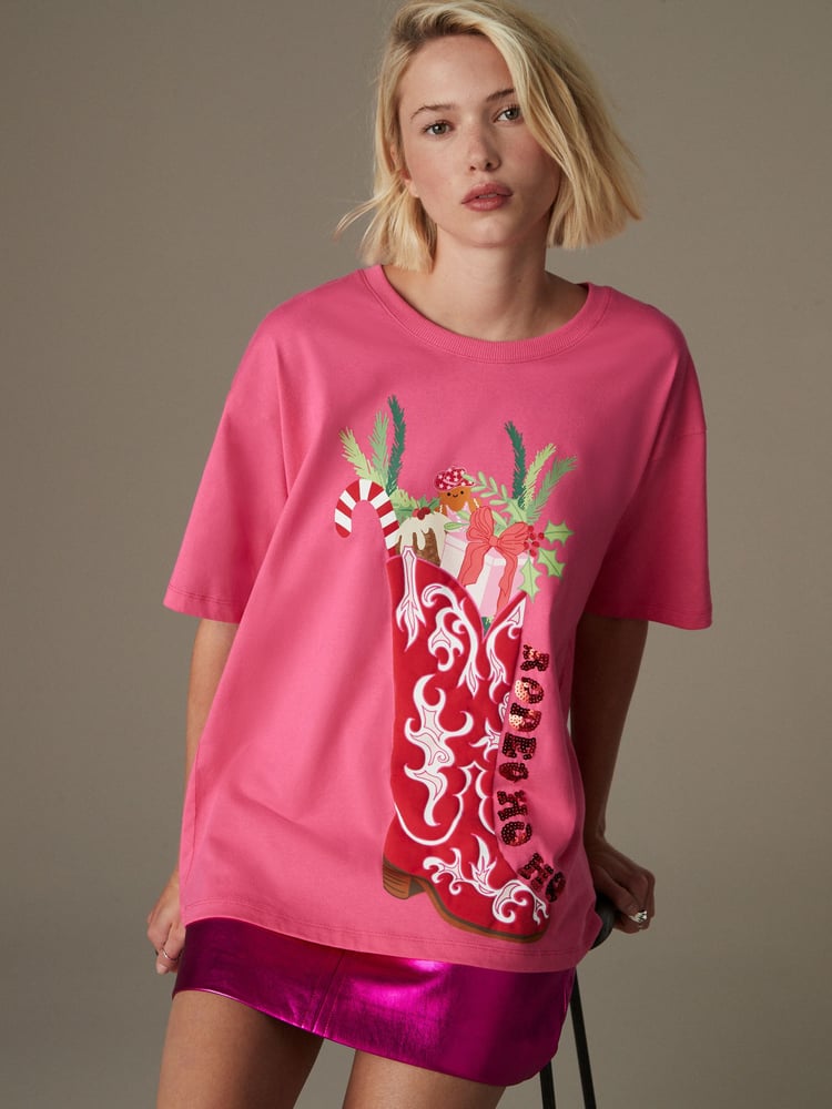 Pink Christmas Short Sleeve 100% Cotton T-Shirt - Image 1 of 7