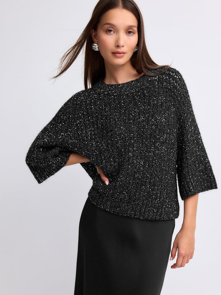Black Sparkle Sequin Mesh Knitted Half Sleeve Jumper - Image 1 of 9
