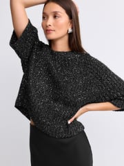Black Sparkle Sequin Mesh Knitted Half Sleeve Jumper - Image 2 of 9