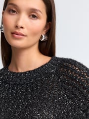 Black Sparkle Sequin Mesh Knitted Half Sleeve Jumper - Image 5 of 9
