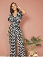 Yumi Black Geometric Print Wrap Jumpsuit - Image 1 of 5