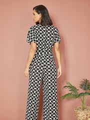 Yumi Black Geometric Print Wrap Jumpsuit - Image 2 of 5