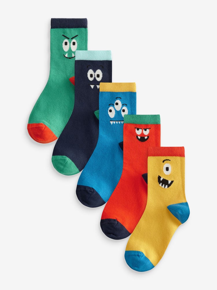 Bright Monster Smiles Print Cotton Rich Socks 5 Pack - Image 1 of 6