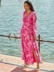 Sosandar Pink Petite Paisley Print Wrap Maxi Dress - Image 2 of 5