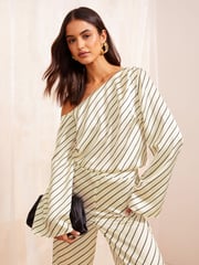 Friends Like These Black/White One Shoulder Long Sleeve Slash Top Co Ord - Image 2 of 5