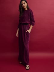 Burgundy Red Long Sleeve Velvet Maxi Dress - Image 1 of 9