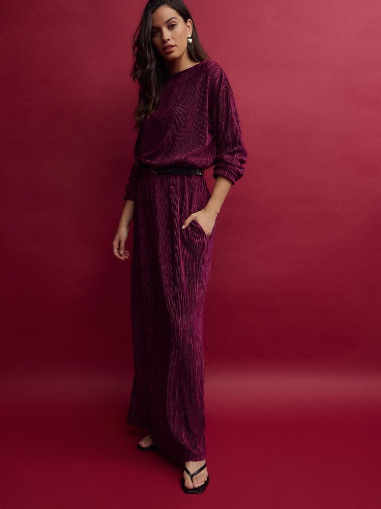 Burgundy Red Long Sleeve Velvet Maxi Dress - Image 1 of 9