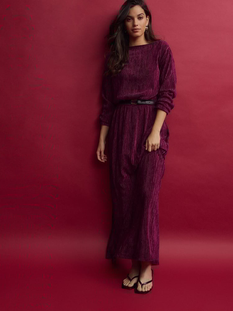 Burgundy Red Long Sleeve Velvet Maxi Dress - Image 2 of 9