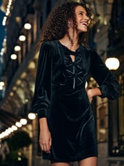 Black Diamante Long Sleeve Velvet Bow  Mini Dress - Image 1 of 5