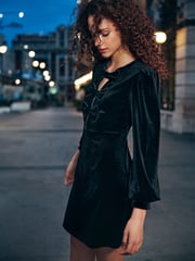 Black Diamante Long Sleeve Velvet Bow  Mini Dress - Image 2 of 5