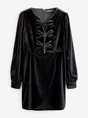 Black Diamante Long Sleeve Velvet Bow  Mini Dress - Image 3 of 5