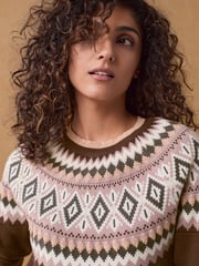 Berry Red Fairisle Pattern Compact Cosy Crew Neck Jumper With Side Split Detail - Image 1 of 14