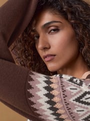 Berry Red Fairisle Pattern Compact Cosy Crew Neck Jumper With Side Split Detail - Image 9 of 14