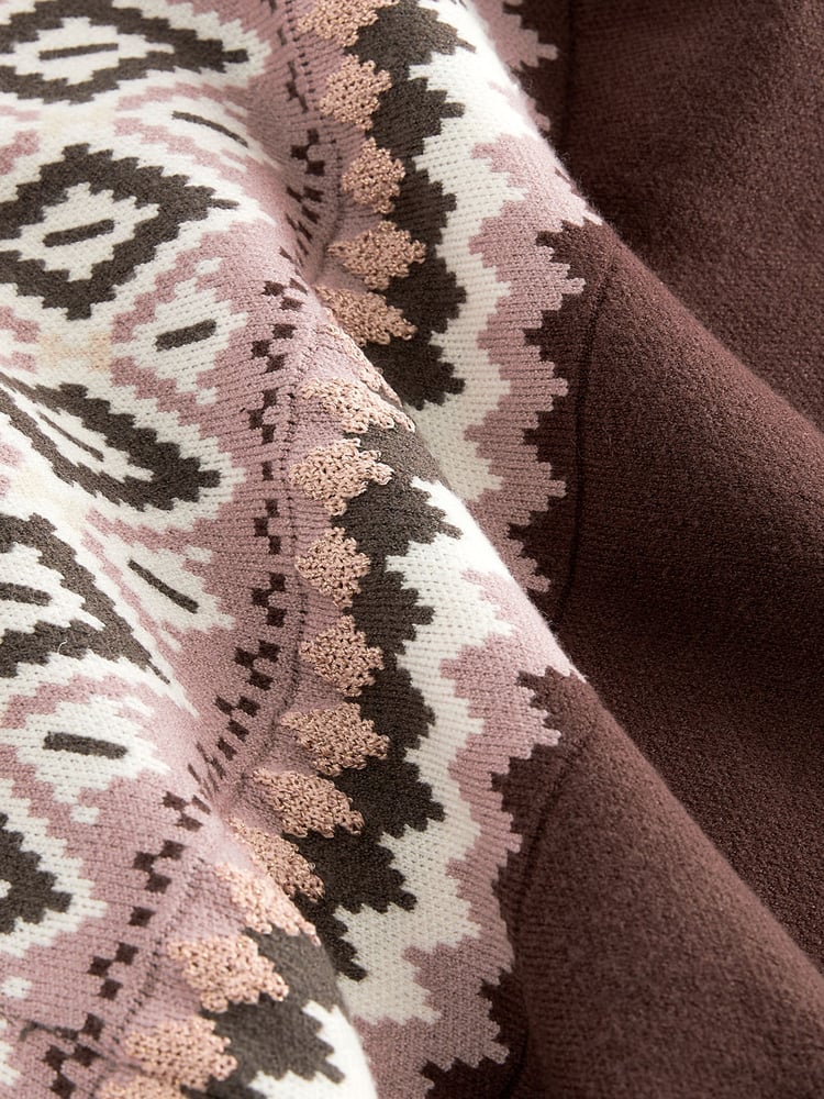 Berry Red Fairisle Pattern Compact Cosy Crew Neck Jumper With Side Split Detail - Image 14 of 14