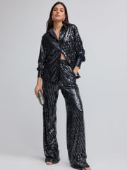 Navy Wide Leg Sequin Trousers - Image 1 of 8