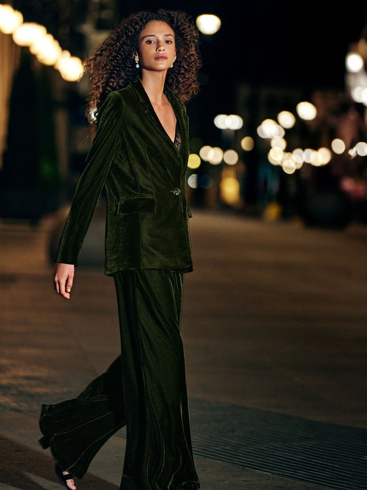 Dark Green Tailored Velvet Single Breasted Blazer - Image 2 of 5