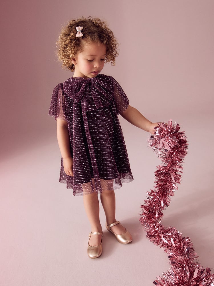 Plum Purple Sparkle Mesh Dress (3mths-7yrs) - Image 2 of 6