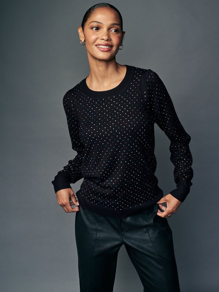 Black Sparkle Crew Neck Long Sleeve Pattern Knitted Jumper - Image 1 of 8