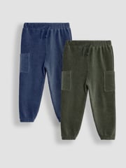 JoJo Maman Bébé Khaki Green & Navy Blue 2-Pack Velour Pocket Joggers - Image 1 of 5