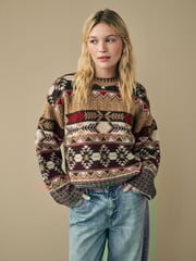 Neutral Aztec Pattern Relaxed Fit Soft Touch Knitted Jumper - Image 1 of 7