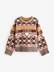Neutral Aztec Pattern Relaxed Fit Soft Touch Knitted Jumper - Image 5 of 7