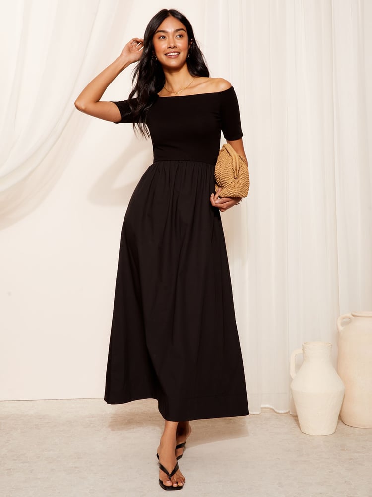 Friends Like These Black 2in1 Jersey Woven Mixed Bardot Midaxi Dress - Image 1 of 4