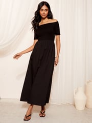 Friends Like These Black 2in1 Jersey Woven Mixed Bardot Midaxi Dress - Image 3 of 4