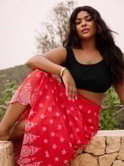 Yours Curve Red Broderie Shirred Waist Skirt - Image 1 of 6