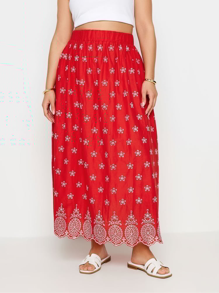 Yours Curve Red Broderie Shirred Waist Skirt - Image 2 of 6