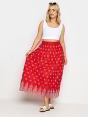 Yours Curve Red Broderie Shirred Waist Skirt - Image 3 of 6